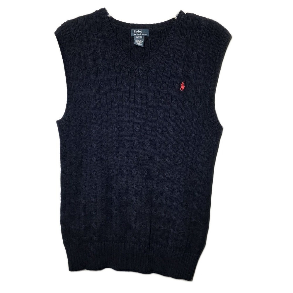 Polo Ralph Lauren Navy Cable Knit V Neck Sweater Vest Youth Cotton XLarge 18-20